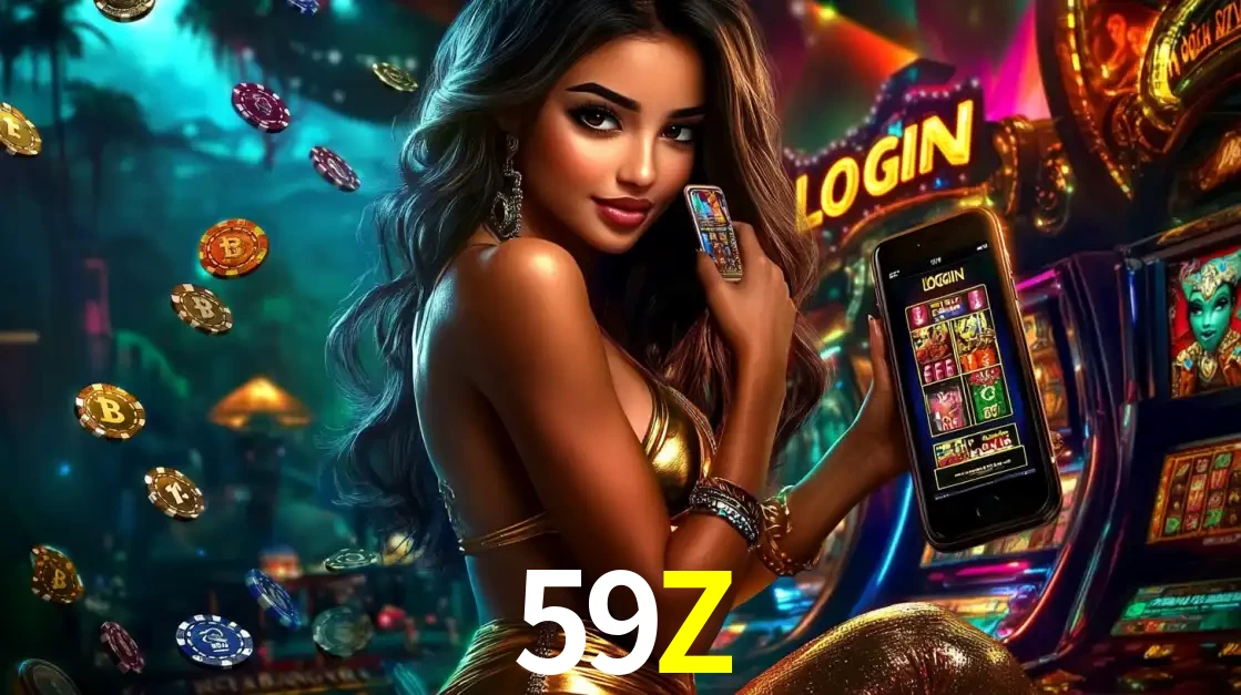 Mulher em um cenário de cassino temático de aventura, mostrando o app de caça-níqueis da 59Z no celular. Fichas de apostas flutuam ao redor.