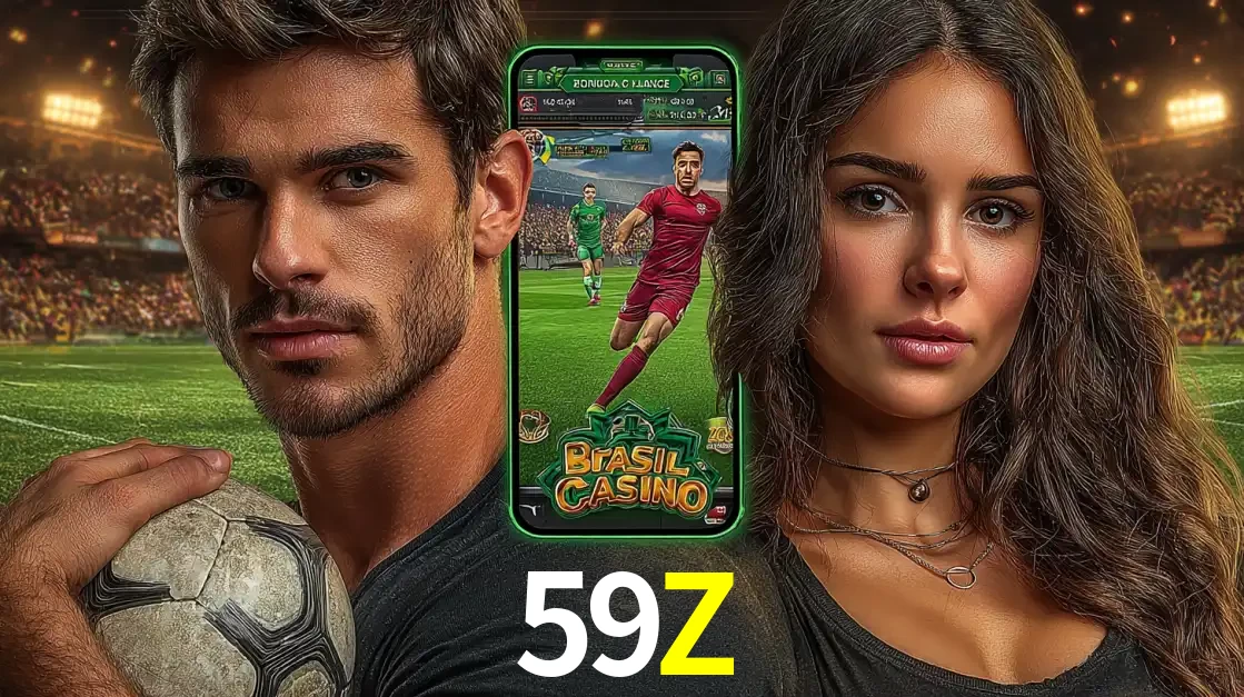 Homem segurando uma bola de futebol e uma mulher ao lado de um smartphone exibindo o jogo de apostas esportivas da 59Z. Faça seu palpite no cassino online.